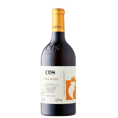 A bottle of COS Pithos Bianco wine, available at our wine store, Perry's.