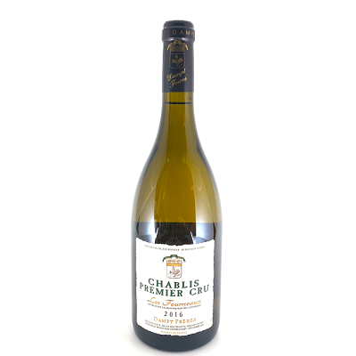 A bottle of Dampt Freres premier cru Chablis, available at our wine store, Perry's.