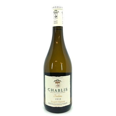 A bottle of Dampt Freres un-oaked Chablis, available from our wine store, Perry's.