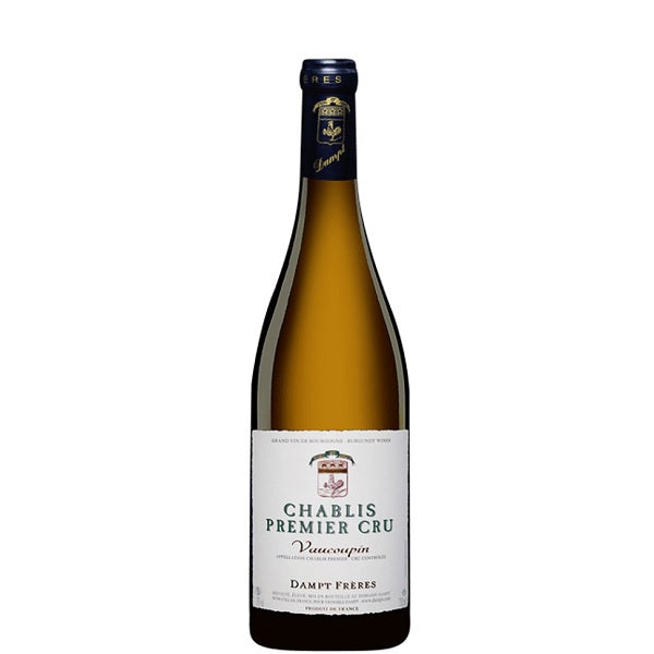 A bottle of Dampt Freres Vacoupin premier cru Chablis, available at our wine store, Perry's.