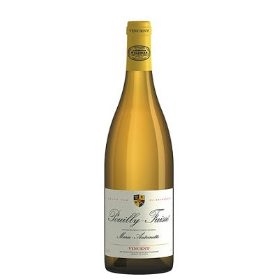 A bottle of famille Vincent Pouilly Fuisse, available at our Provincetown wine store, Perry's.
