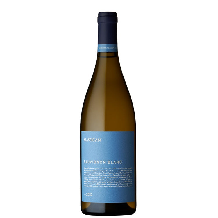A bottle of Massican Sauvignon Blanc, available at our Provincetown wine store, Perry's.