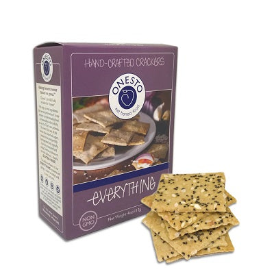 A pack of Onesto ‘Everything’ gluten-free crackers, available at our Provincetown liquor store, Perry's.