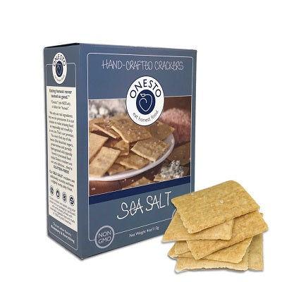 A pack of Onesto ‘Sea Salt’ gluten-free crackers, available at our Provincetown liquor store, Perry's.