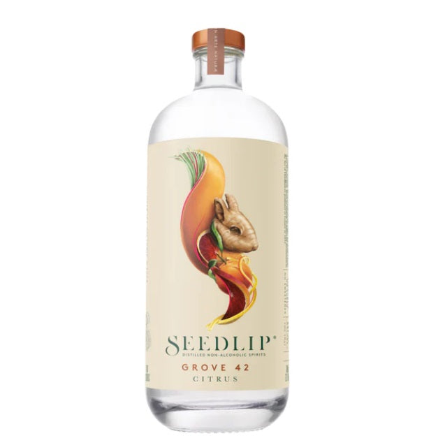 A bottle of Seedlip Grove 42 non-alcoholic spirit, available at our Provincetown liquor store, Perry's.