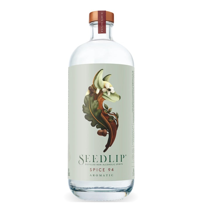 A bottle of Seedlip Spice 94 non-alcoholic spirit, available at our Provincetown liquor store, Perry's.