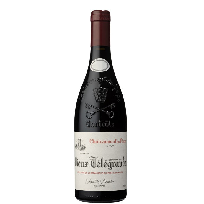 A bottle of Vieux Telegraphe Chateauneuf du pape, available at our Provincetown wine store, Perry's