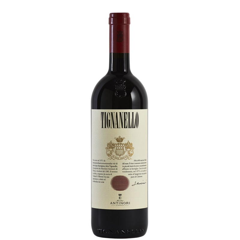A bottle of Tignanello red wine, available at our Provincetown wine store, Perry's.