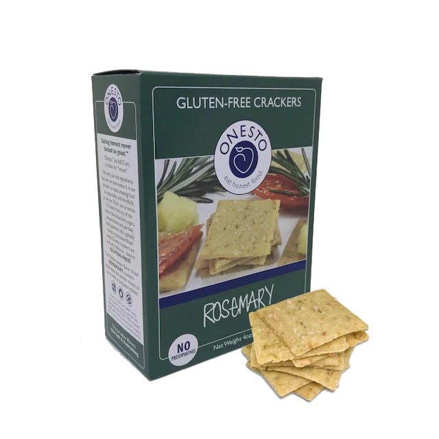 A pack of Onesto ‘Rosemary’ gluten-free crackers, available at our Provincetown liquor store, Perry's.